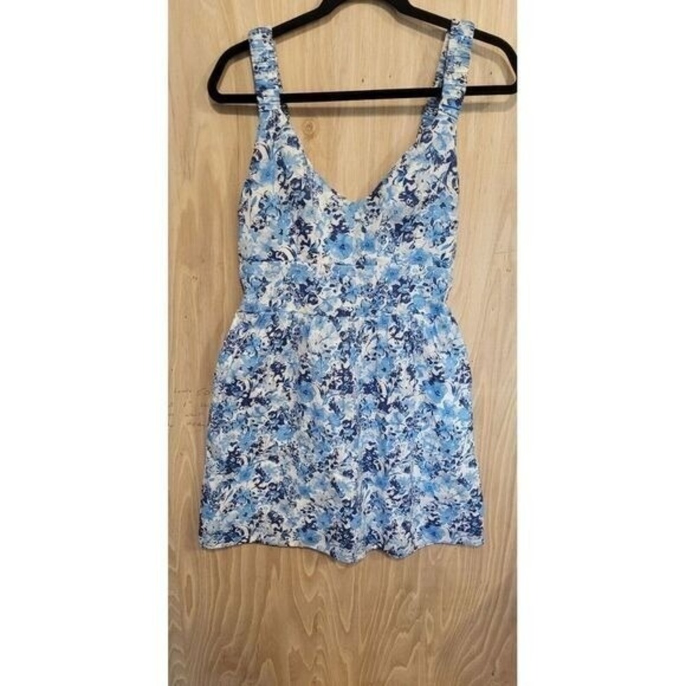 Abercrombie & Fitch Floral Mini Dress Blue White Ruched Strap Smocked Back Me